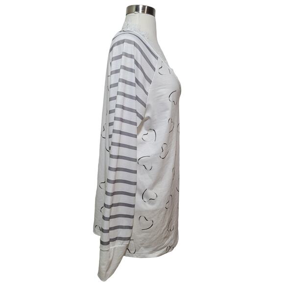 NORACORA Womens White Gray Stripe Heart V-Neck Crochet Long Sleeve Top Size L - Picture 4 of 9